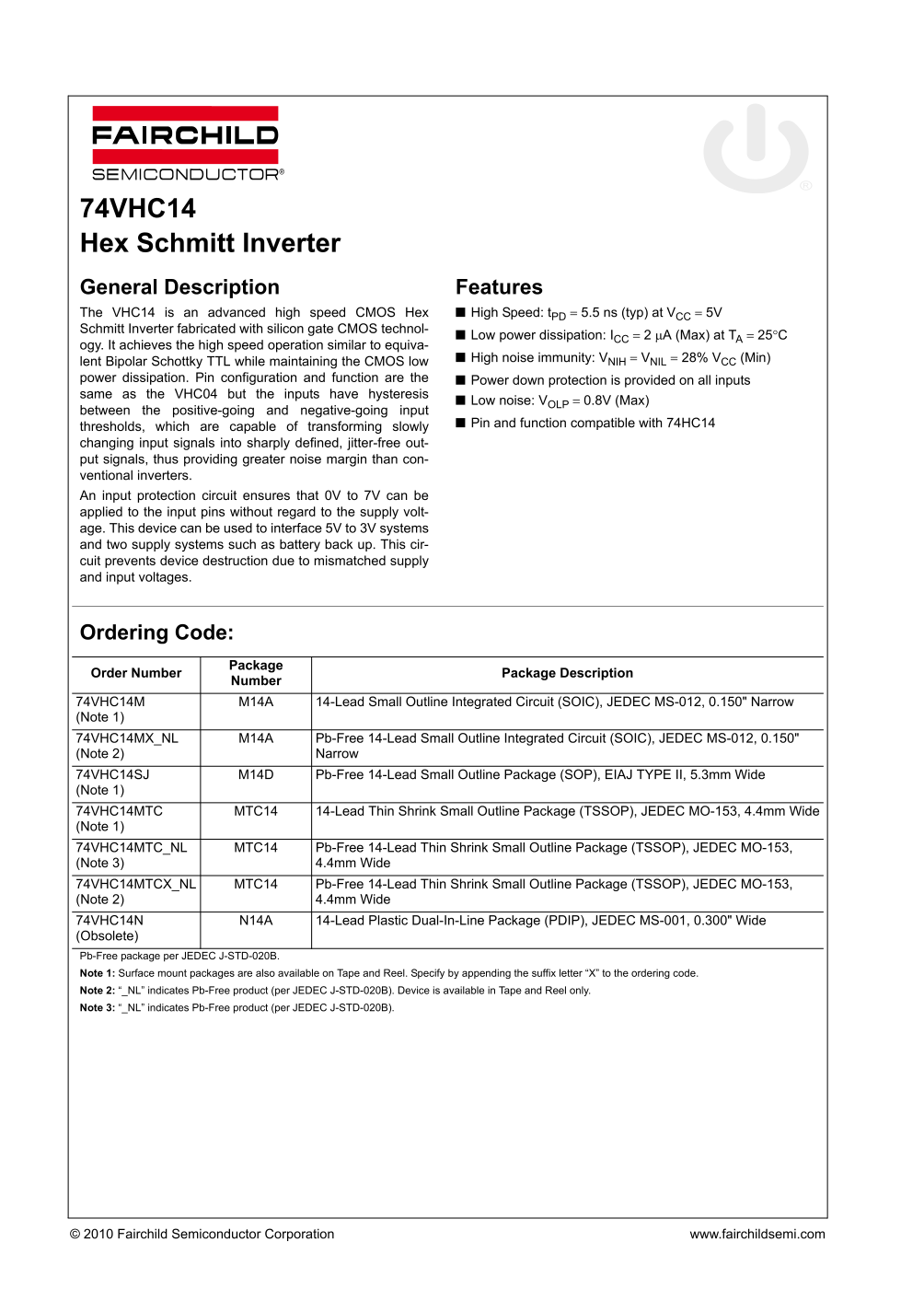Fairchild 74VHC14 Data Handbook - Page 1