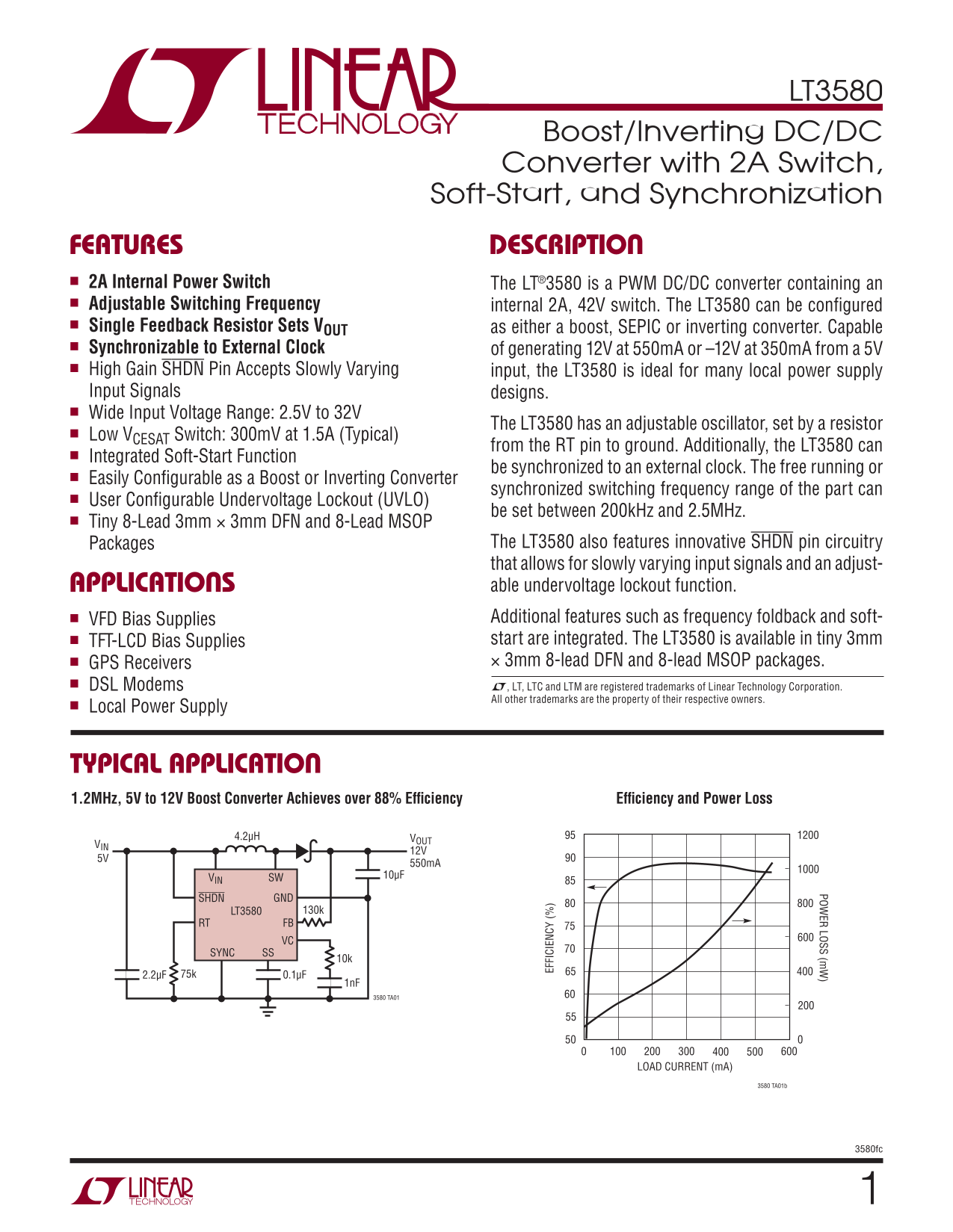 LINEAR TECHNOLOGY LT3580 1 3580fc TYPICAL APPLICATIONS DESCRIPTION Boost, Inverting DC-DC Converter User Manual and Specification Sheet - Page 1