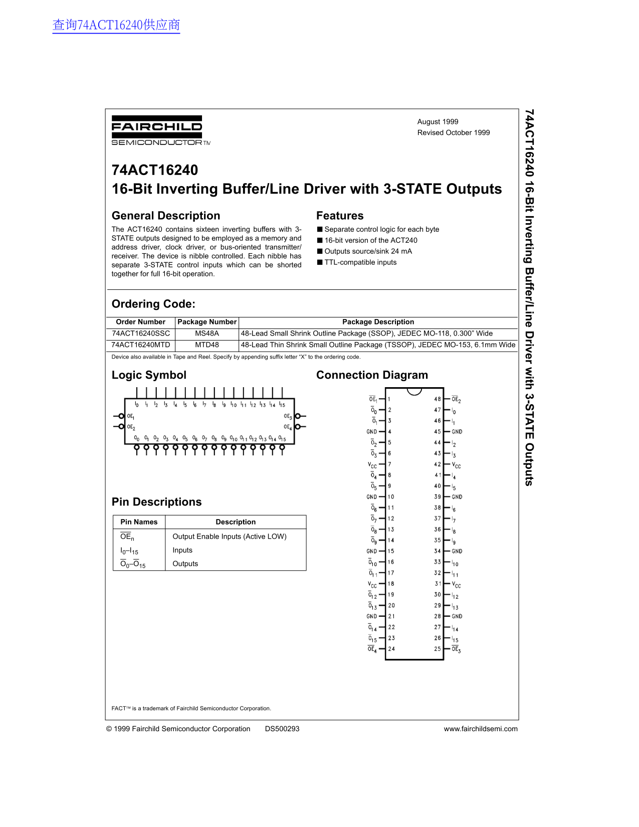 Fairchild Semiconductor 74ACT16240 16-Bit Inverting Buffer Line Driver with 3-STATE Outputs - Data Sheet - Page 1