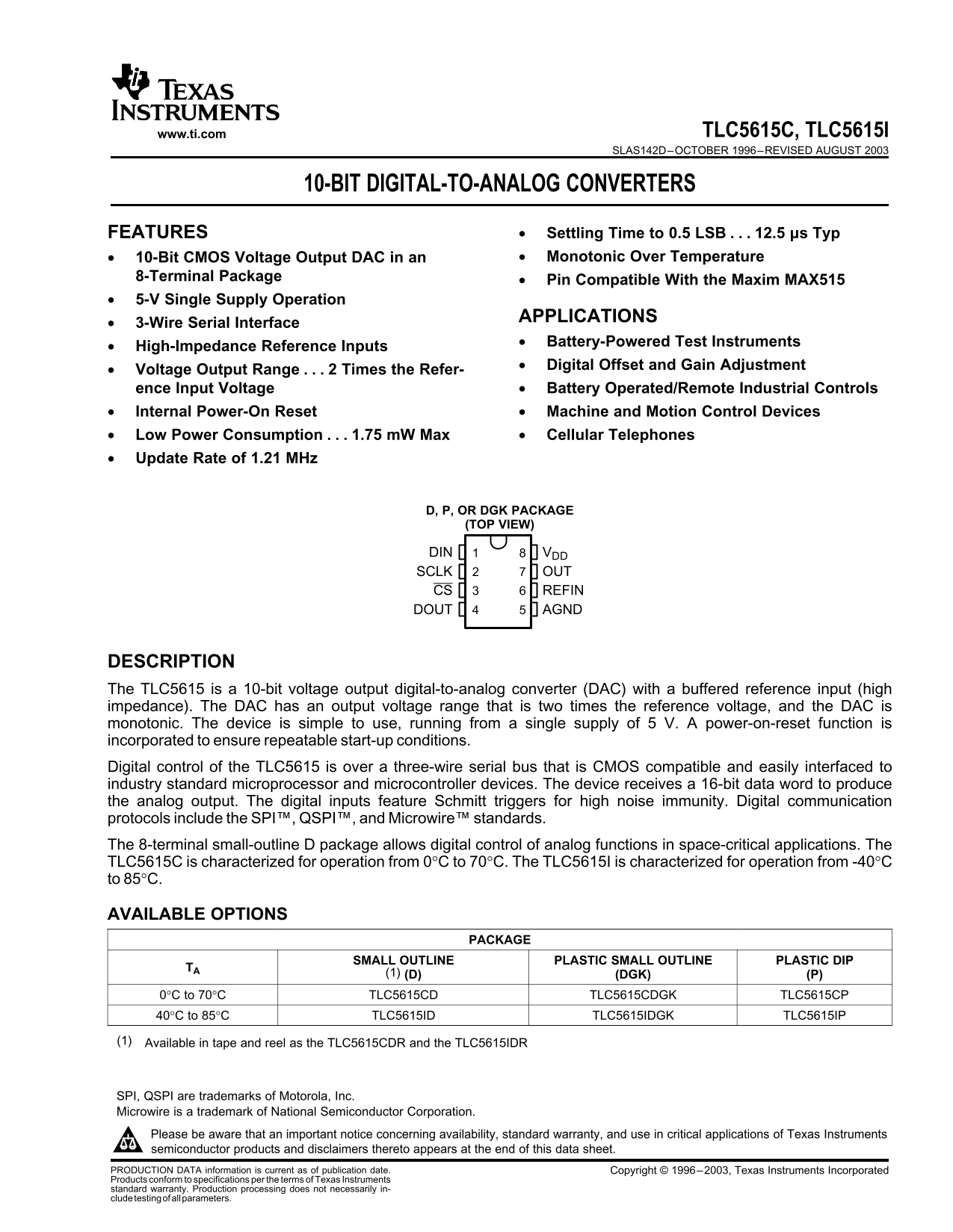 Texas Instruments TLC5615C, TLC5615I 10-Bit Digital-to-Analog Converters User Manual and Specifications - Page 1