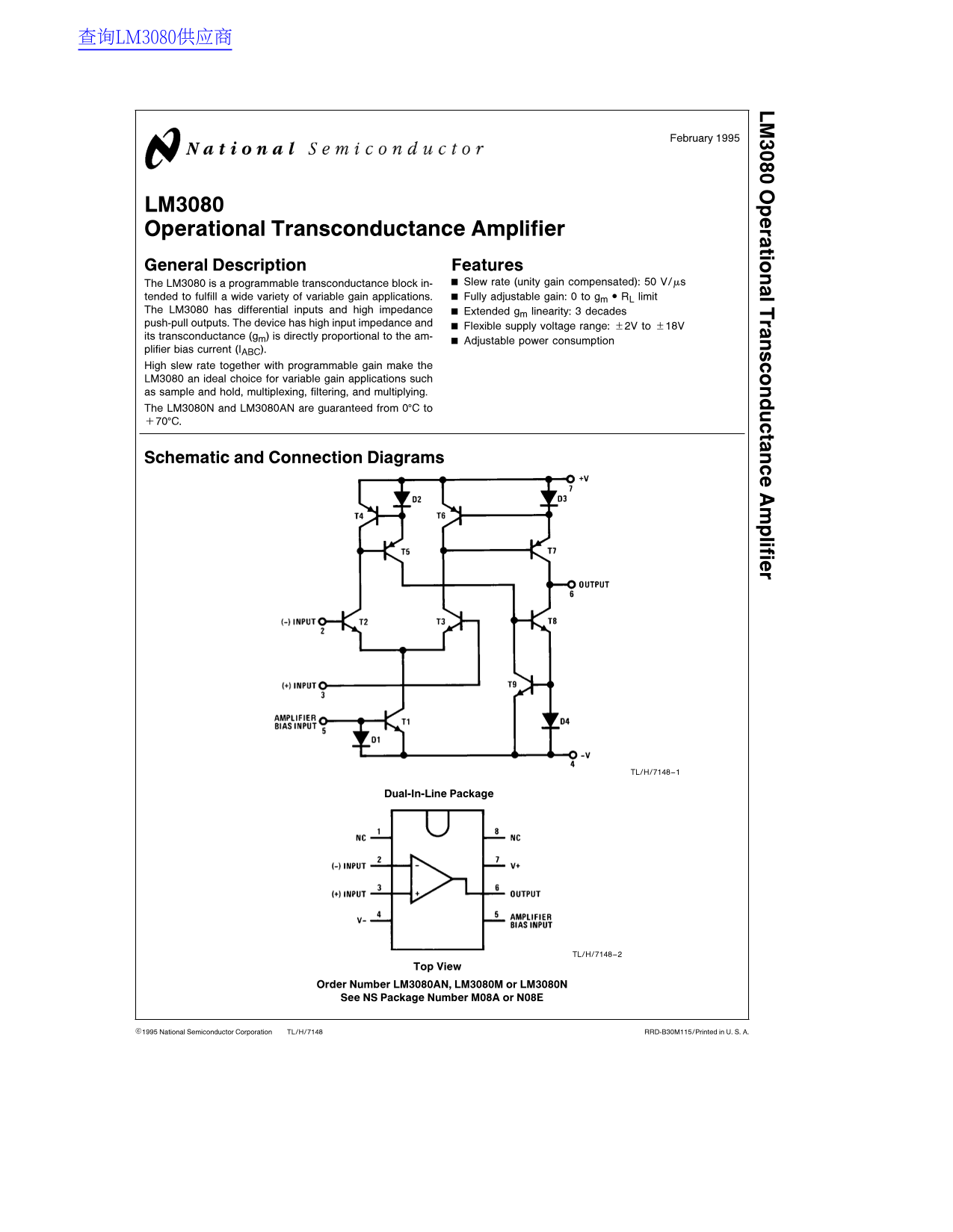 National Semiconductor LM3080 Operational Transconductance Amplifier Data Sheet - Page 1