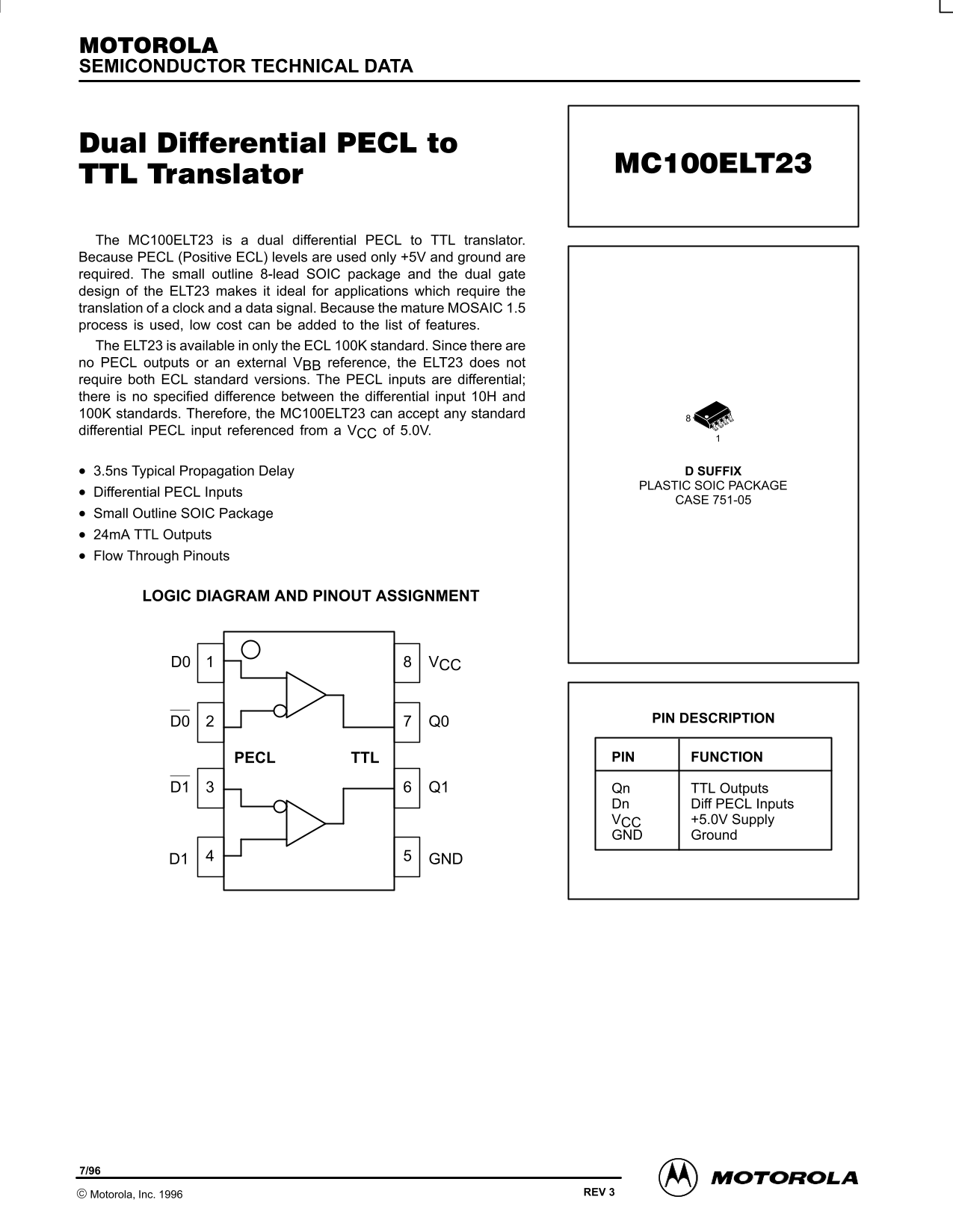 Motorola MC100ELT23 Data Sheet / Manual - Page 1