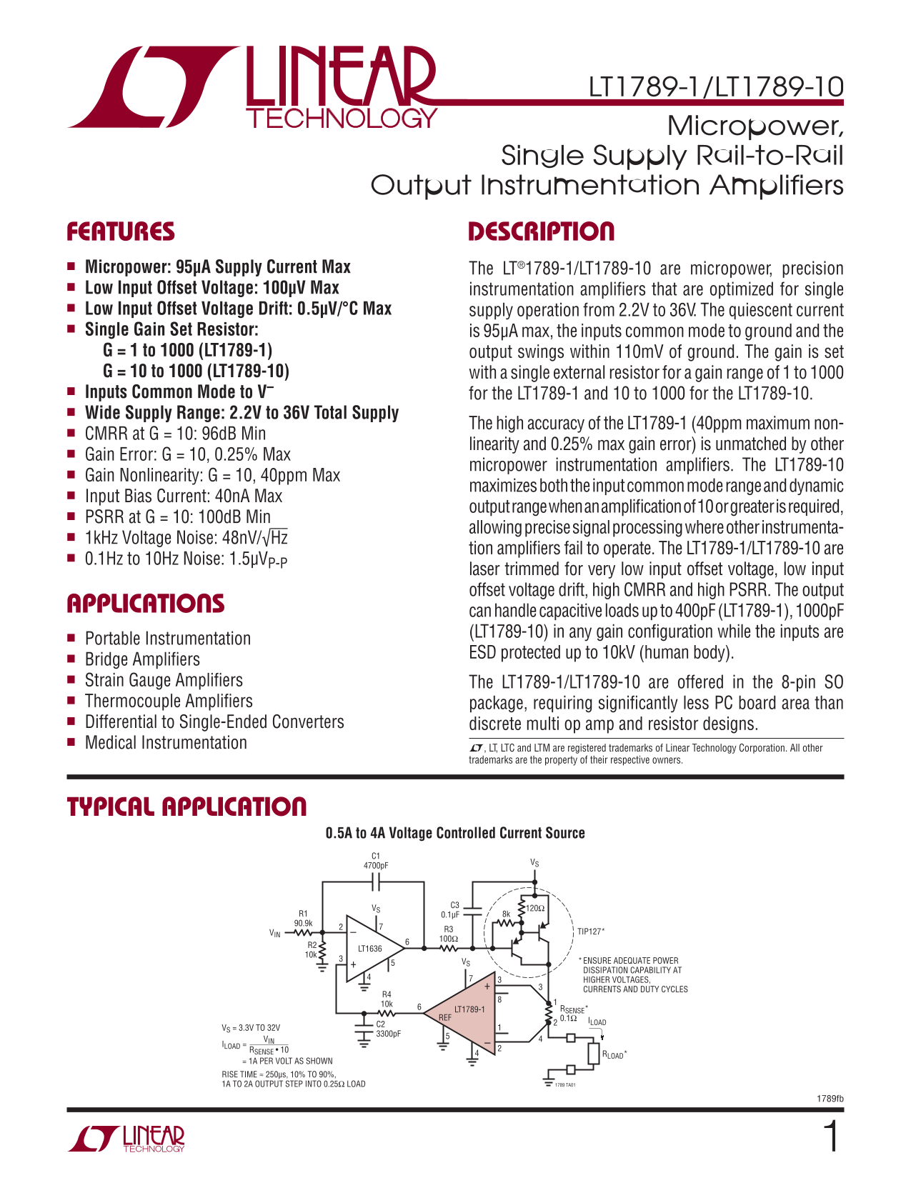LINEAR TECHNOLOGY LT1789-1 LT1789-10 Specifications User Guide - Page 1